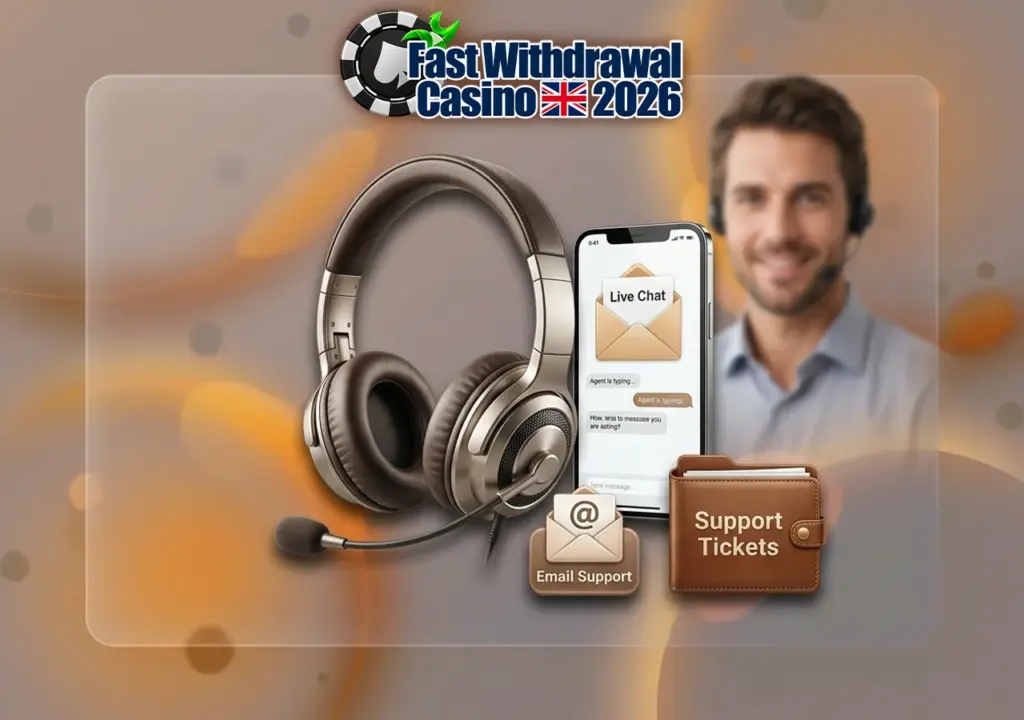 Fast Withdrawal Casino UK customer support contact channels showing headset live chat and email ticket helpdesk